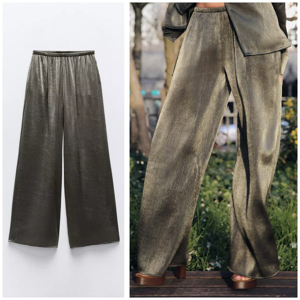 Zara Wrinkled Effect Wide Leg Pants Size XS Aged Gold Pullon NWT 1689/100